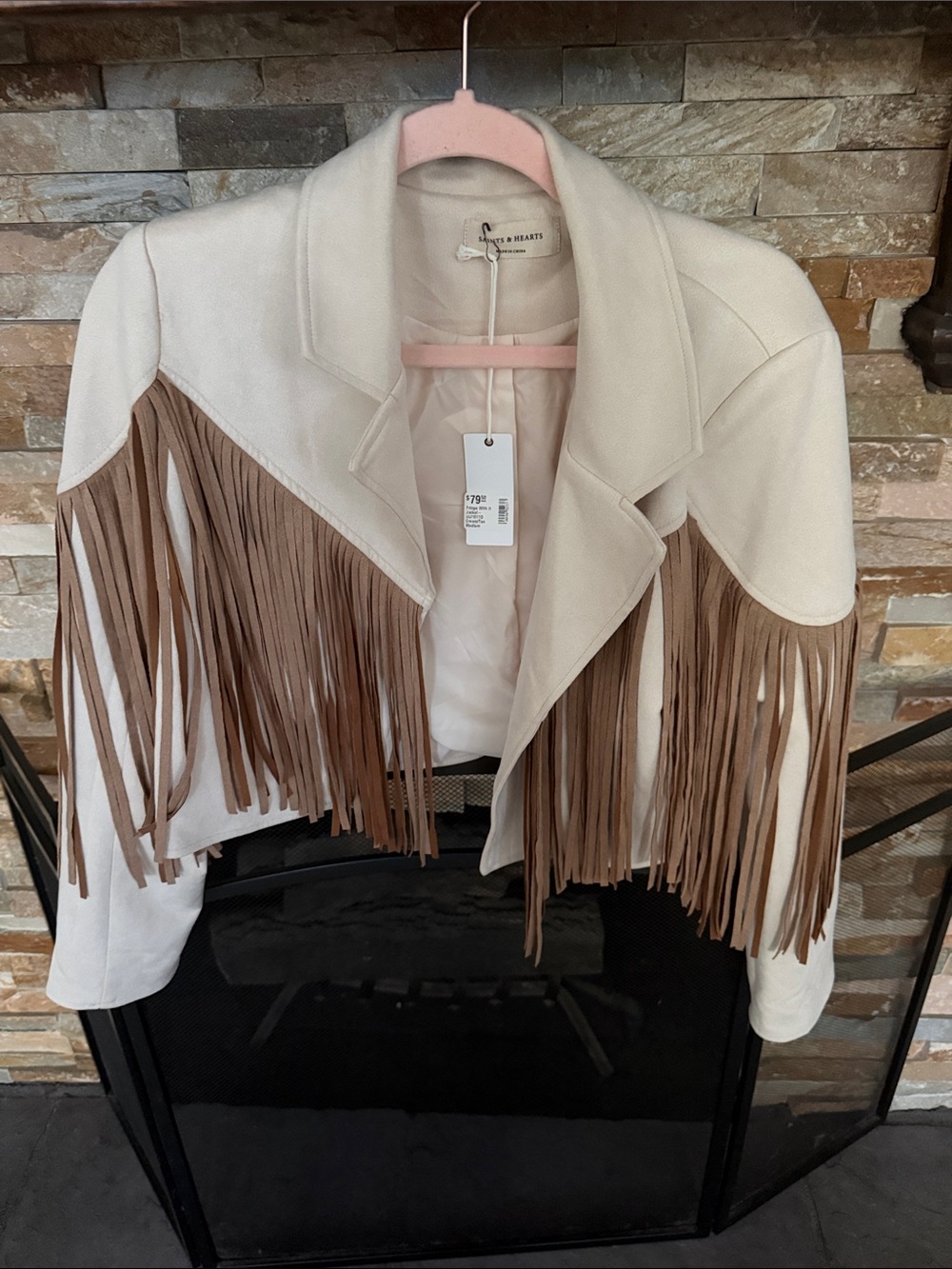 Blank NYC Cream Suede Fringe Jacket with Brown Trim